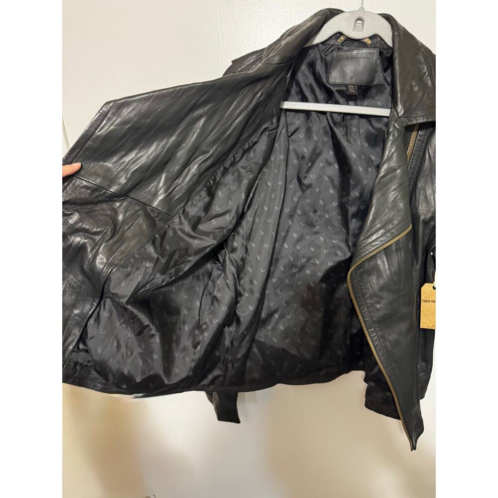 True Religion Black Genuine Lambskin Leather Double Zip Moto Jacket Rare Medium - Picture 7 of 13